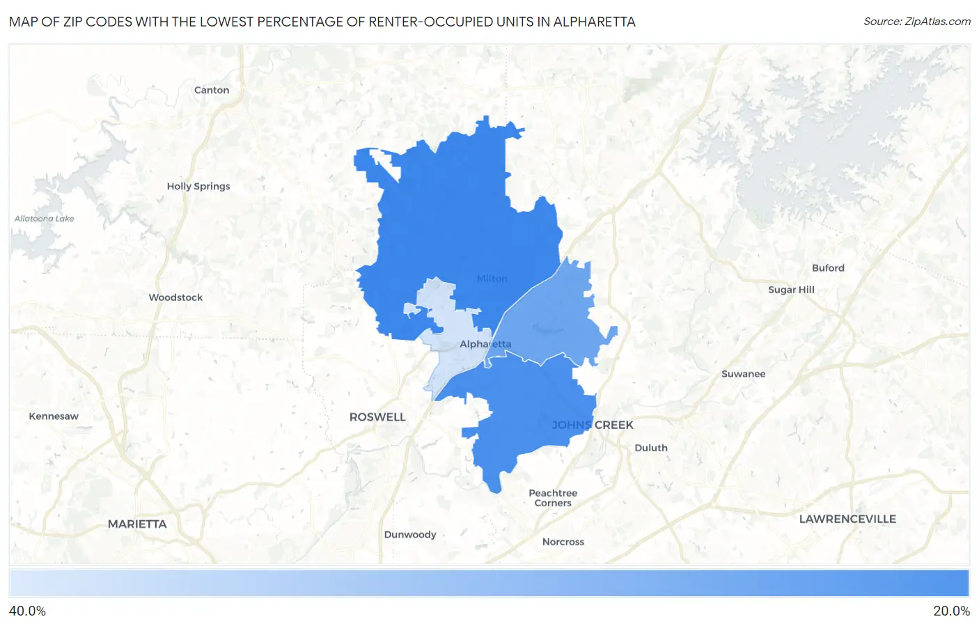 Zip Codes with the Lowest Percentage of Renter-Occupied Units in Alpharetta Map