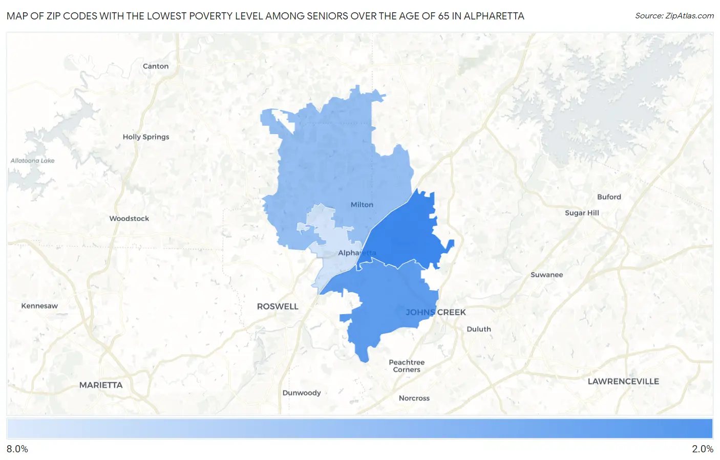 Zip Codes with the Lowest Poverty Level Among Seniors Over the Age of 65 in Alpharetta Map