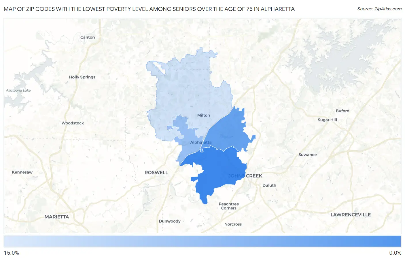 Zip Codes with the Lowest Poverty Level Among Seniors Over the Age of 75 in Alpharetta Map