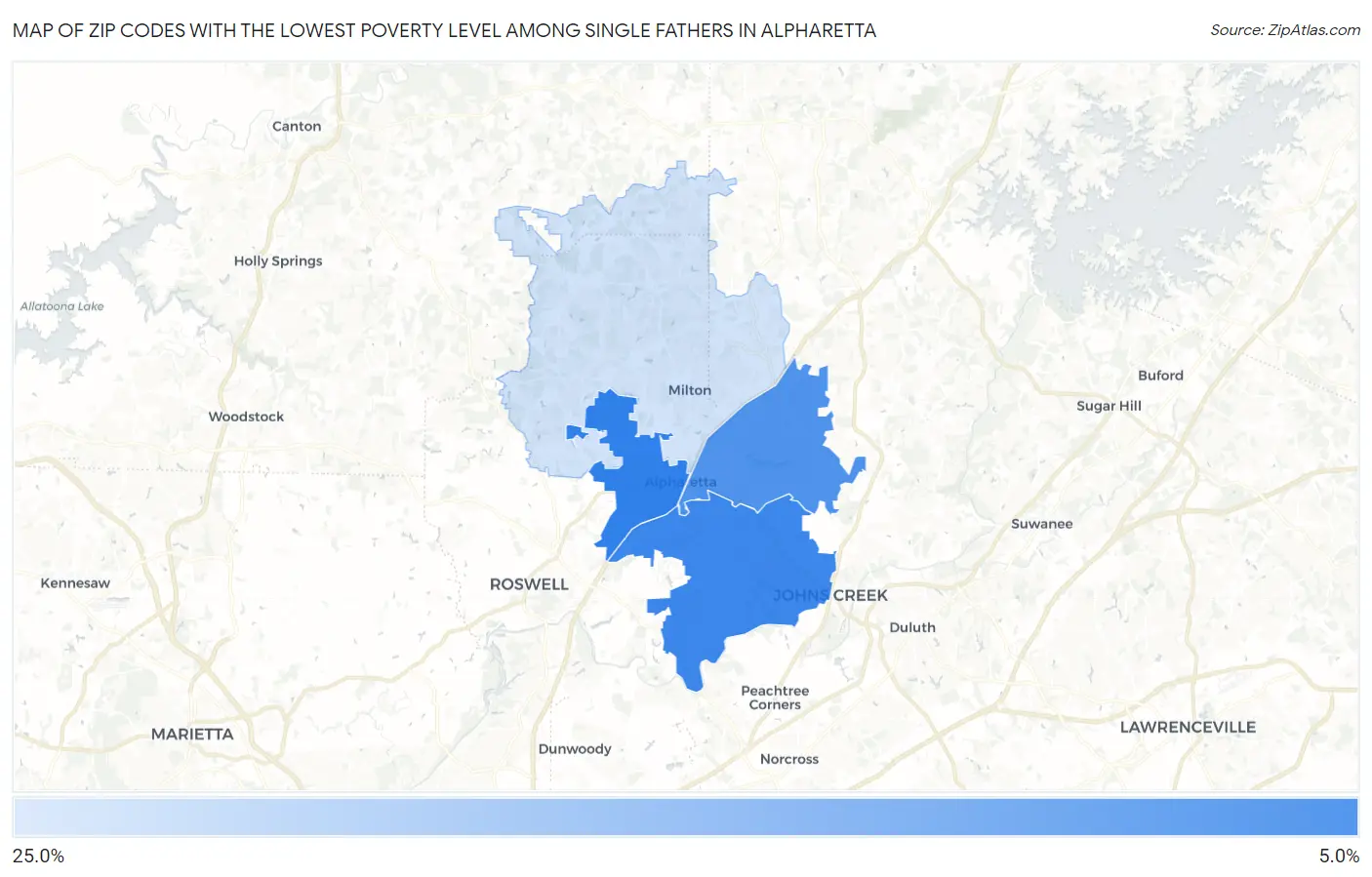 Zip Codes with the Lowest Poverty Level Among Single Fathers in Alpharetta Map