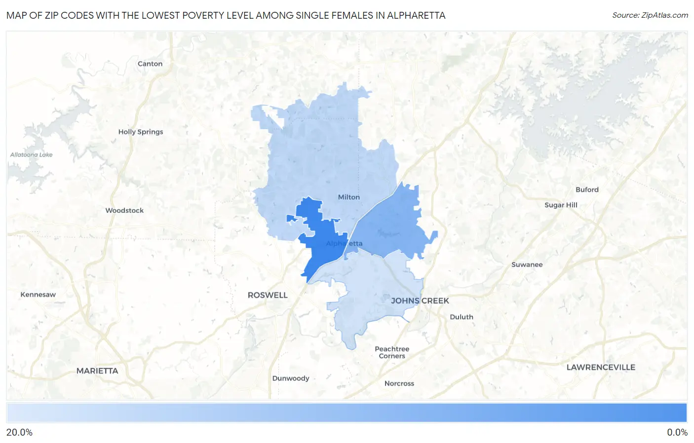 Zip Codes with the Lowest Poverty Level Among Single Females in Alpharetta Map