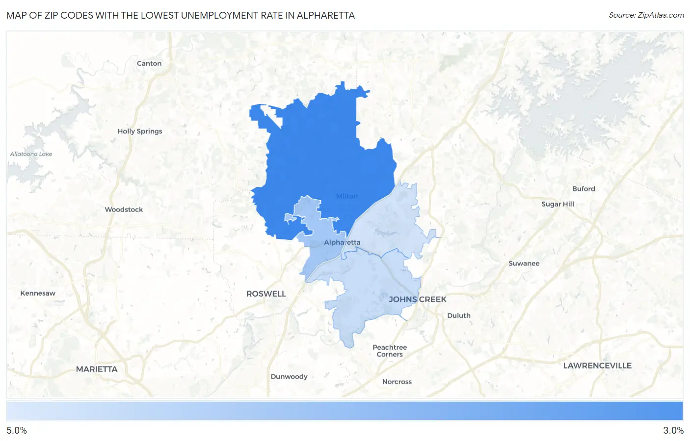 Zip Codes with the Lowest Unemployment Rate in Alpharetta Map