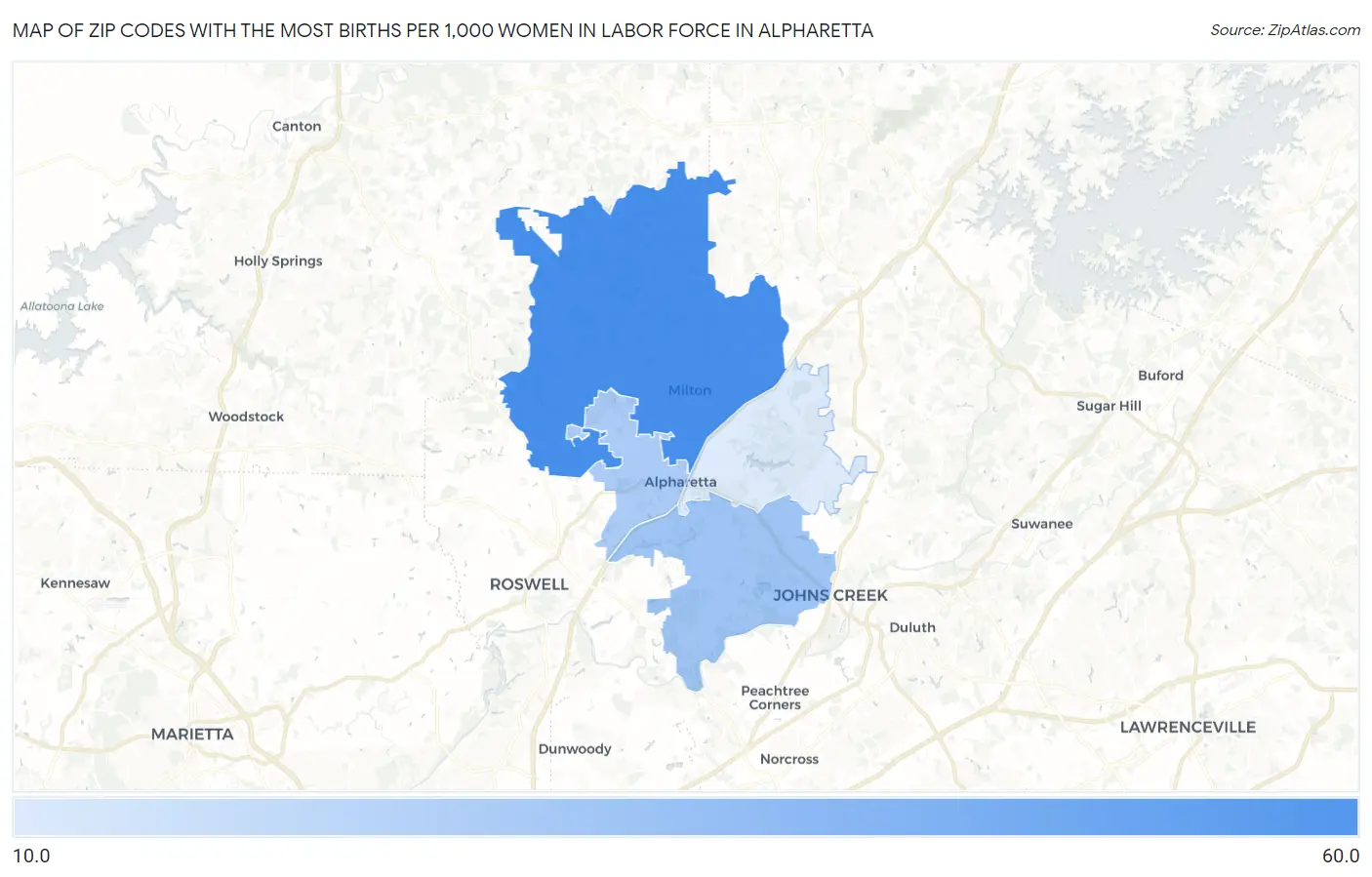 Zip Codes with the Most Births per 1,000 Women in Labor Force in Alpharetta Map