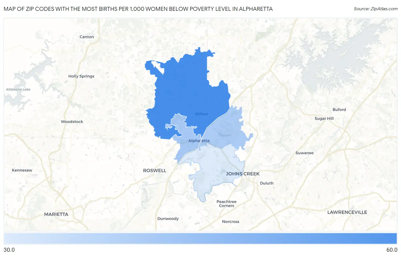 Zip Codes with the Most Births per 1,000 Women Below Poverty Level in Alpharetta Map