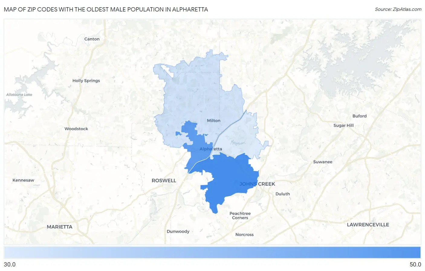 Zip Codes with the Oldest Male Population in Alpharetta Map