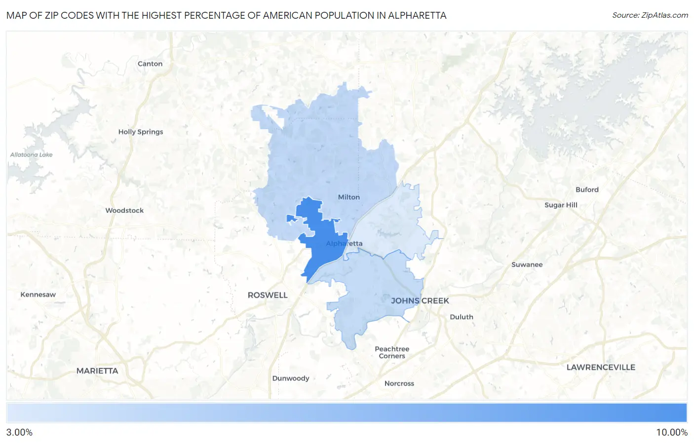 Zip Codes with the Highest Percentage of American Population in Alpharetta Map