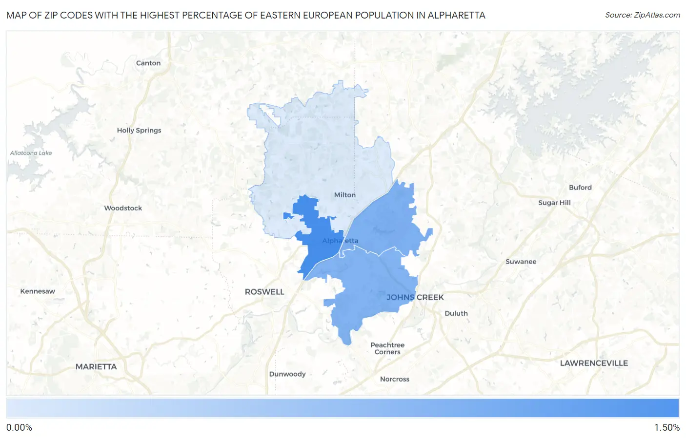 Zip Codes with the Highest Percentage of Eastern European Population in Alpharetta Map