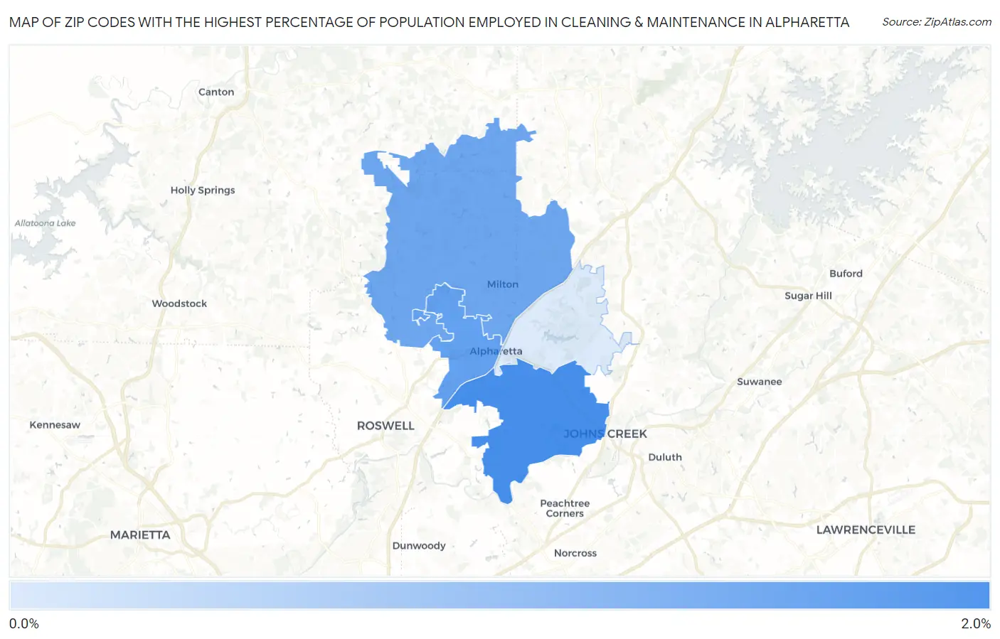 Zip Codes with the Highest Percentage of Population Employed in Cleaning & Maintenance in Alpharetta Map