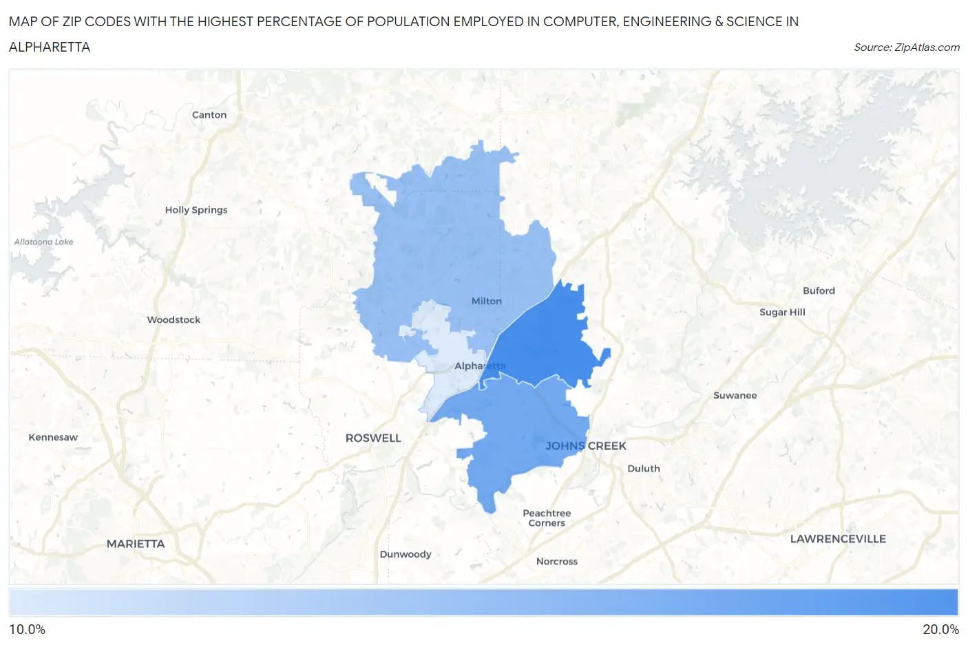 Zip Codes with the Highest Percentage of Population Employed in Computer, Engineering & Science in Alpharetta Map
