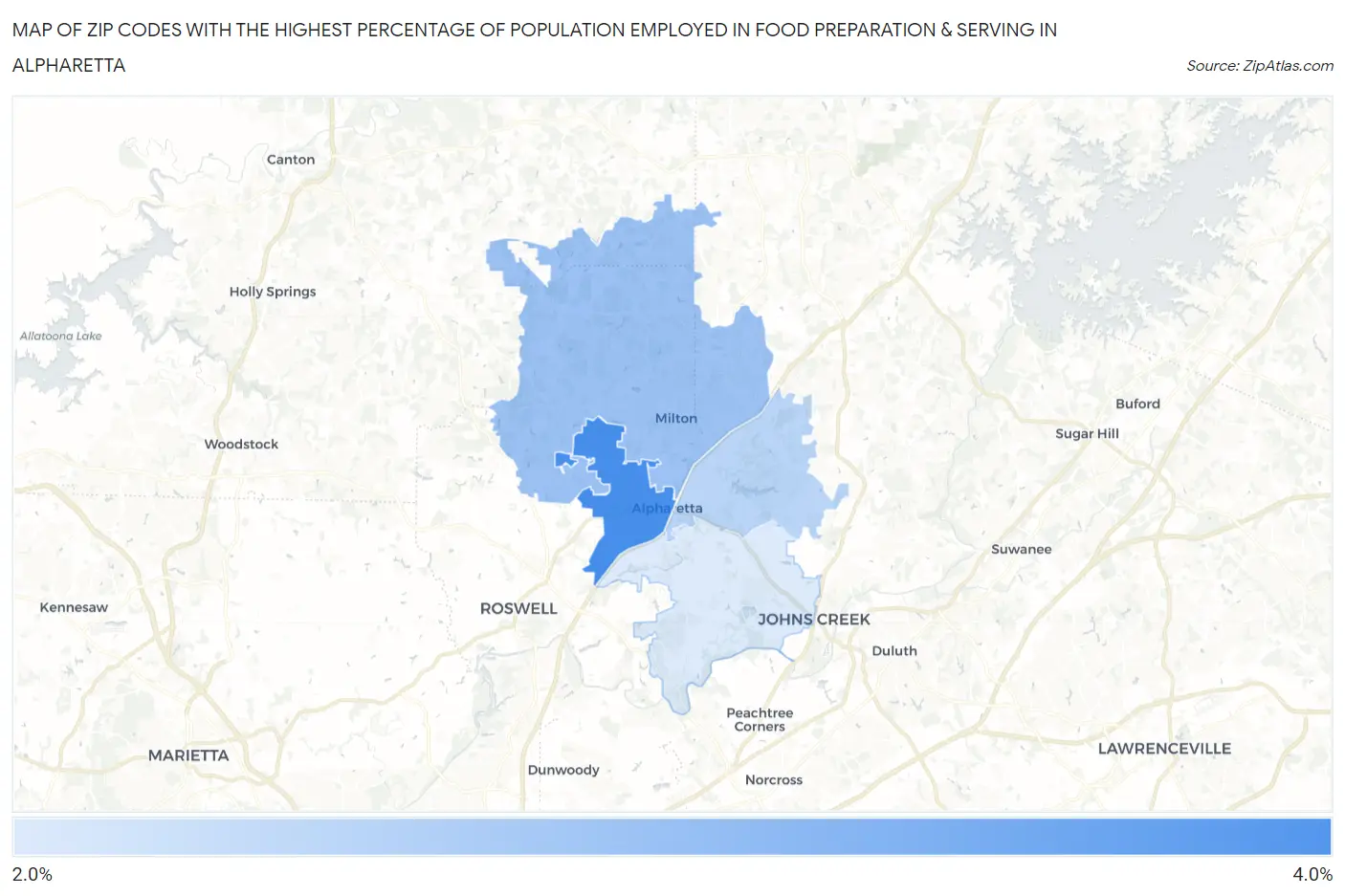 Zip Codes with the Highest Percentage of Population Employed in Food Preparation & Serving in Alpharetta Map
