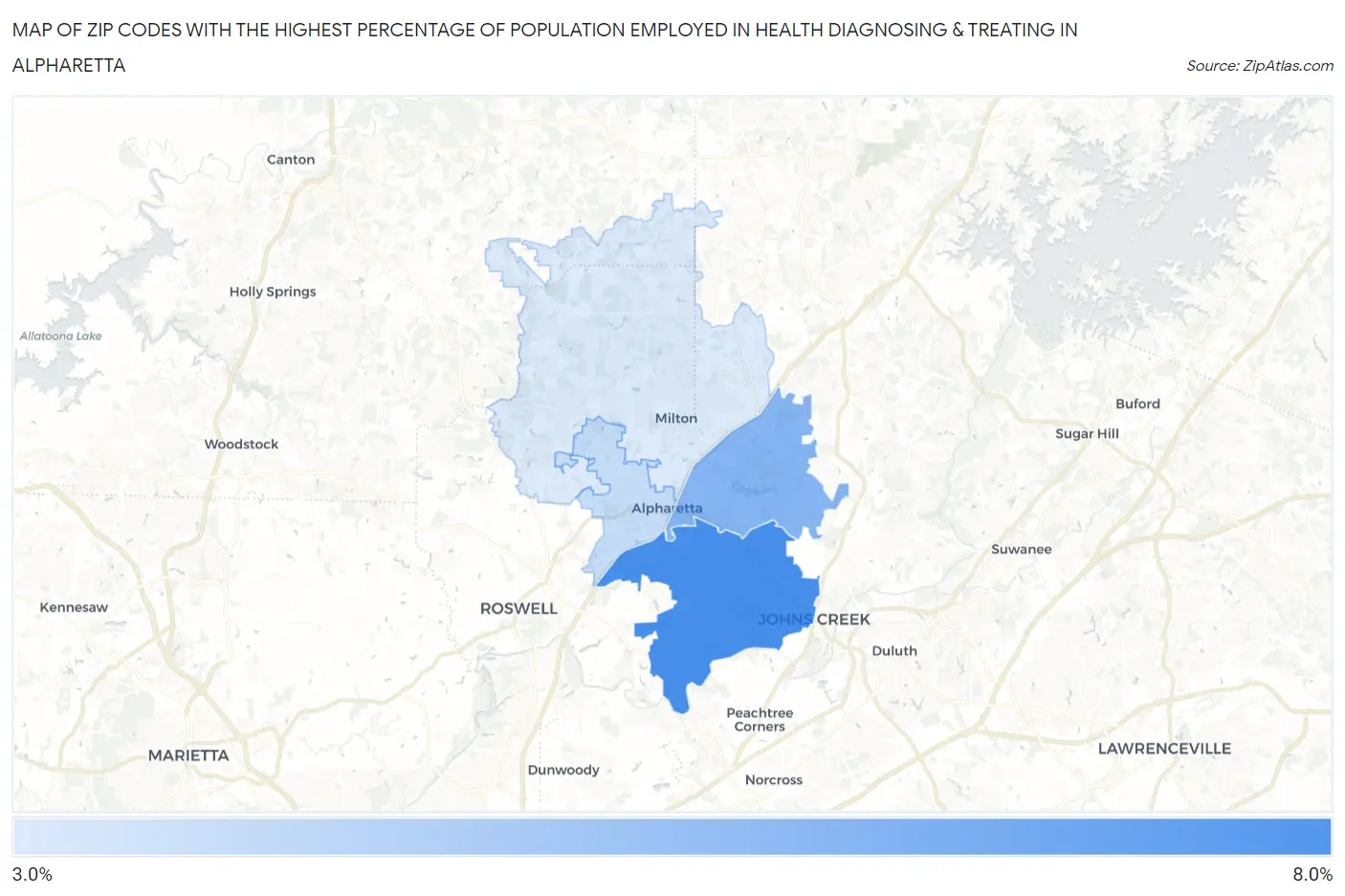 Zip Codes with the Highest Percentage of Population Employed in Health Diagnosing & Treating in Alpharetta Map
