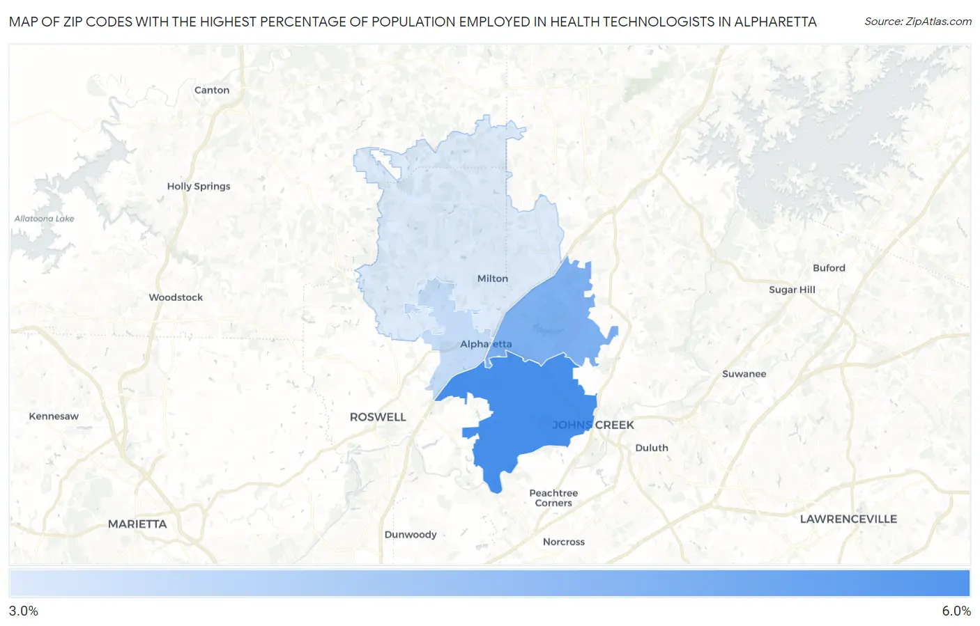 Zip Codes with the Highest Percentage of Population Employed in Health Technologists in Alpharetta Map