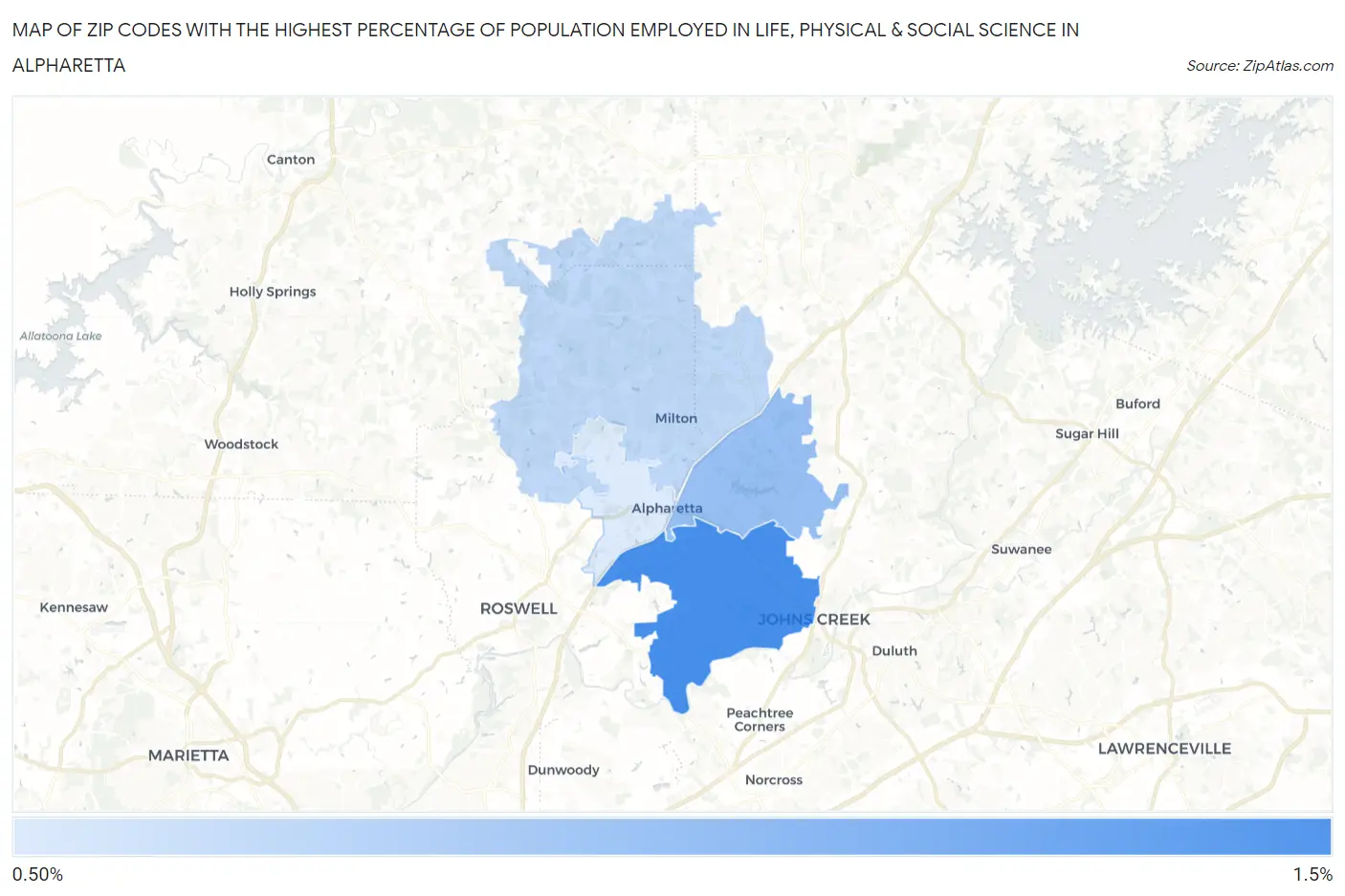 Zip Codes with the Highest Percentage of Population Employed in Life, Physical & Social Science in Alpharetta Map