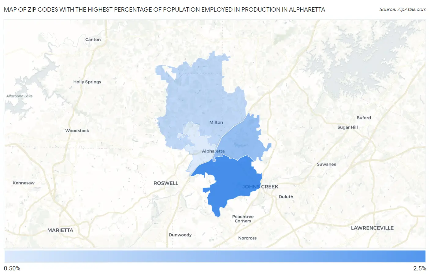 Zip Codes with the Highest Percentage of Population Employed in Production in Alpharetta Map