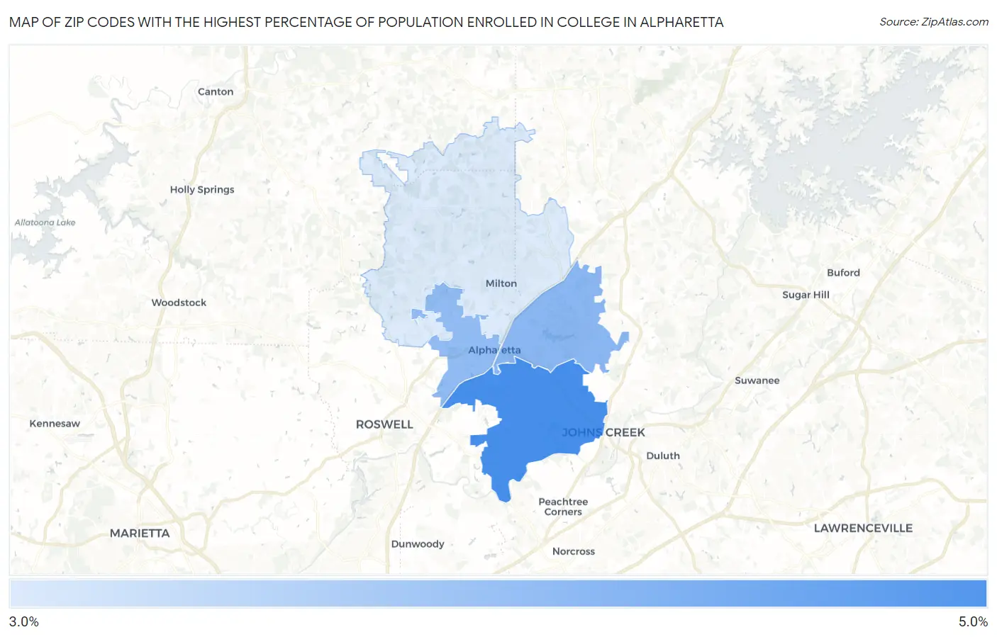 Zip Codes with the Highest Percentage of Population Enrolled in College in Alpharetta Map
