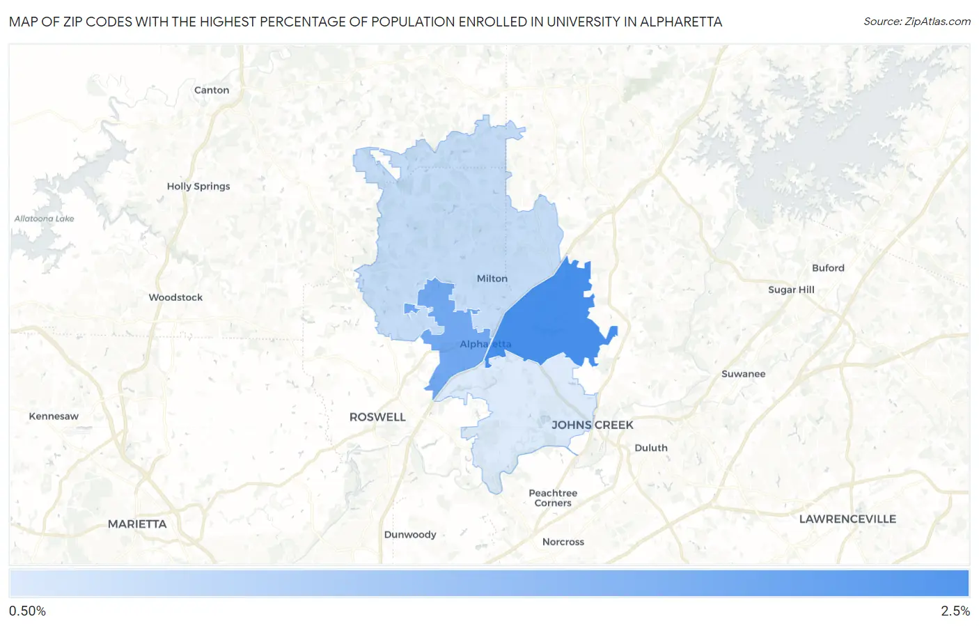 Zip Codes with the Highest Percentage of Population Enrolled in University in Alpharetta Map