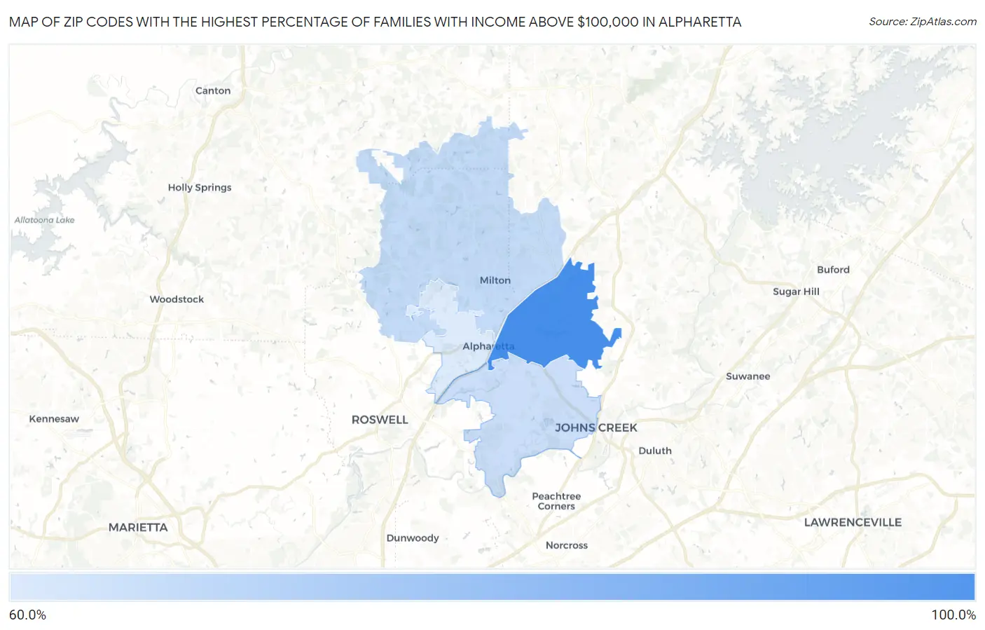 Zip Codes with the Highest Percentage of Families with Income Above $100,000 in Alpharetta Map