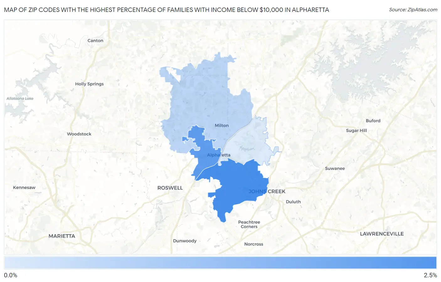 Zip Codes with the Highest Percentage of Families with Income Below $10,000 in Alpharetta Map
