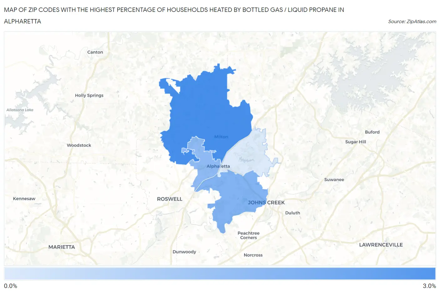 Zip Codes with the Highest Percentage of Households Heated by Bottled Gas / Liquid Propane in Alpharetta Map