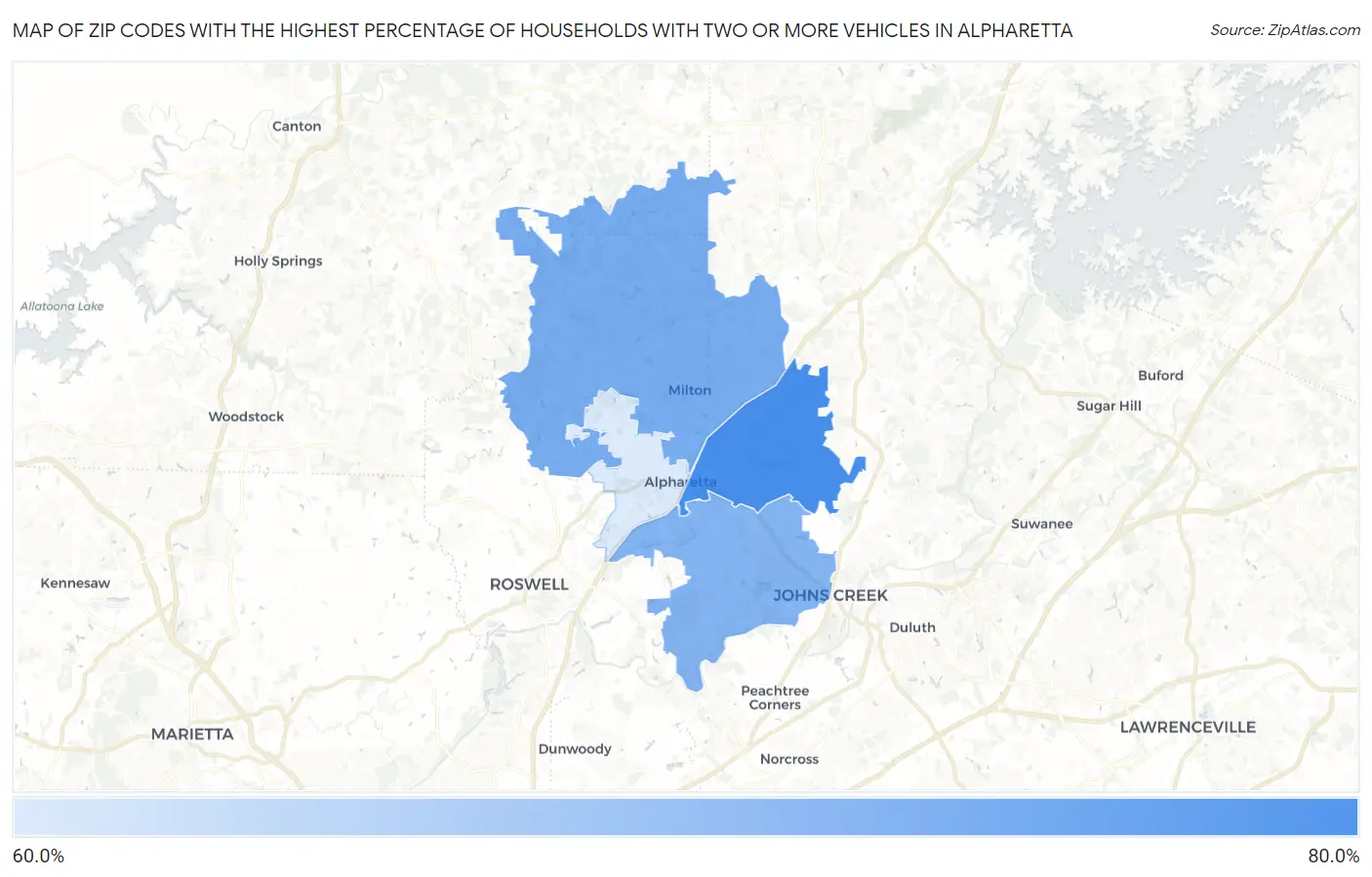 Zip Codes with the Highest Percentage of Households With Two or more Vehicles in Alpharetta Map
