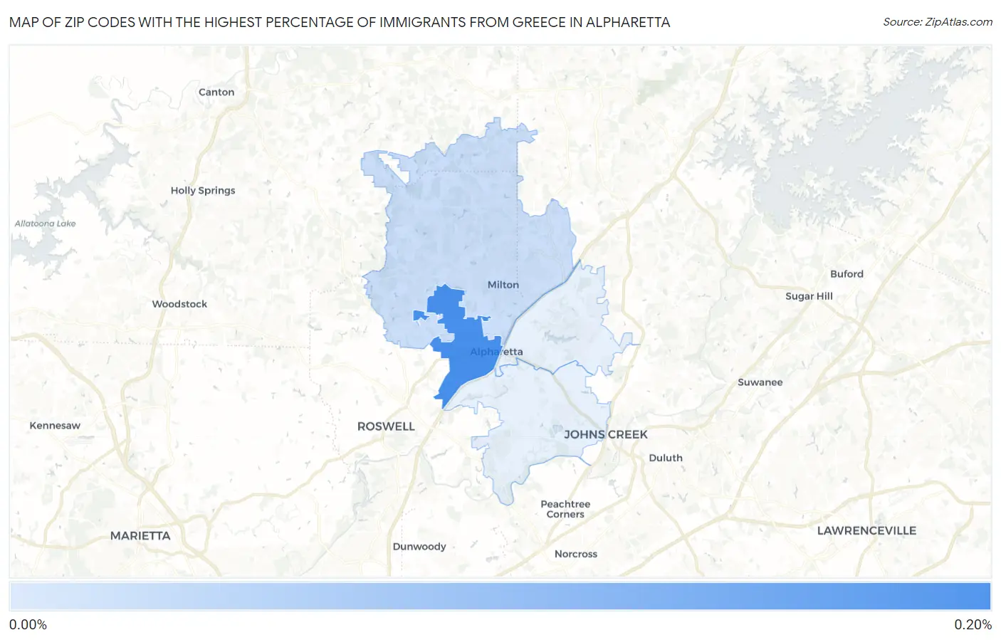 Zip Codes with the Highest Percentage of Immigrants from Greece in Alpharetta Map