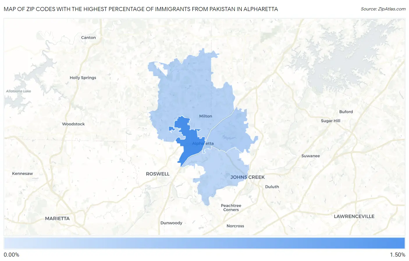 Zip Codes with the Highest Percentage of Immigrants from Pakistan in Alpharetta Map