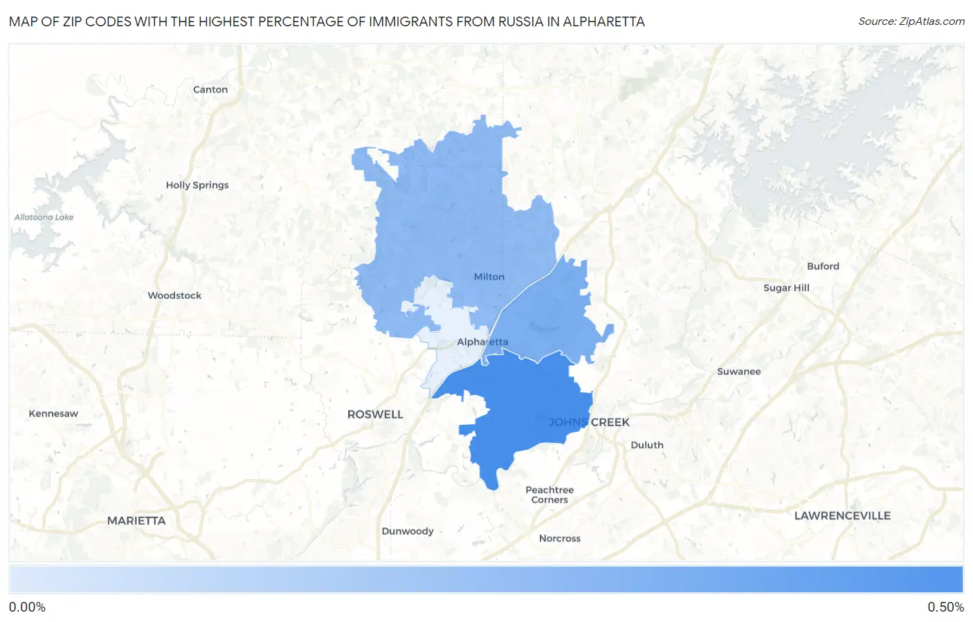 Zip Codes with the Highest Percentage of Immigrants from Russia in Alpharetta Map