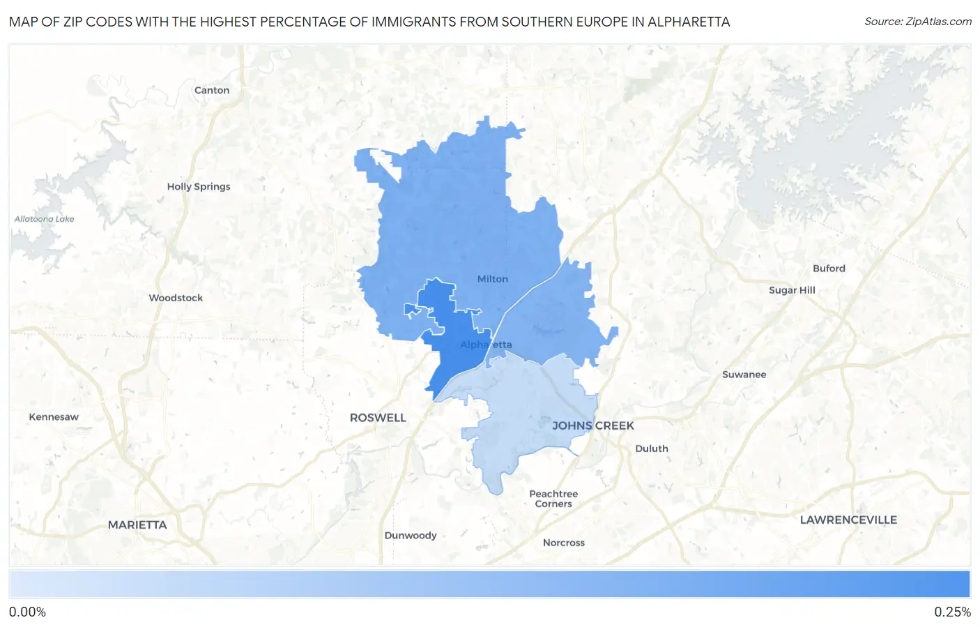 Zip Codes with the Highest Percentage of Immigrants from Southern Europe in Alpharetta Map