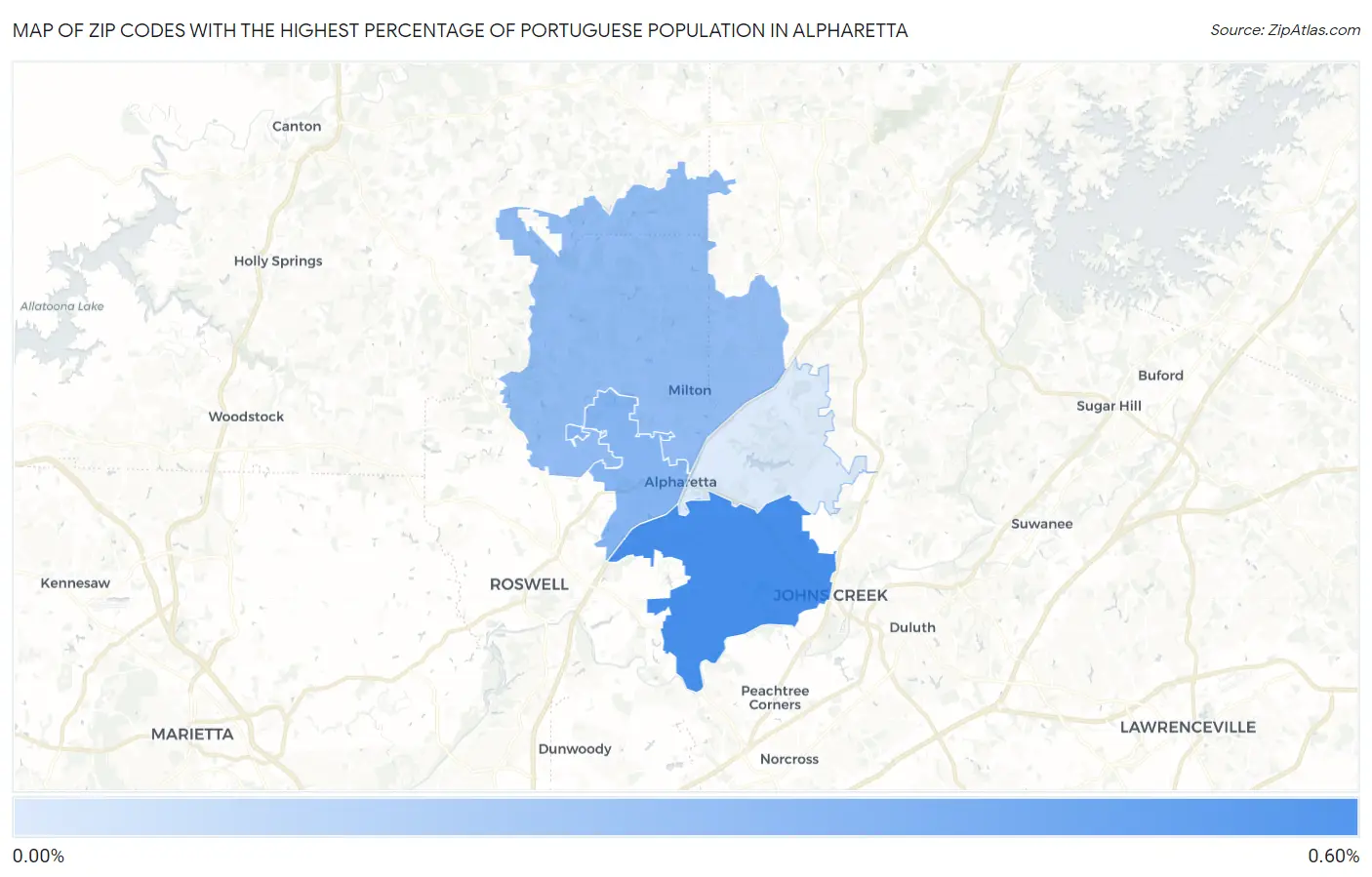 Zip Codes with the Highest Percentage of Portuguese Population in Alpharetta Map