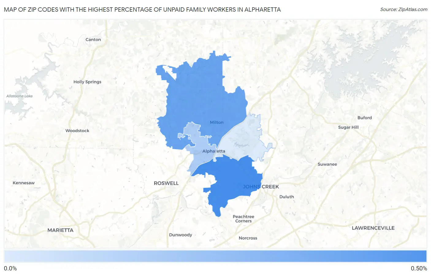 Zip Codes with the Highest Percentage of Unpaid Family Workers in Alpharetta Map