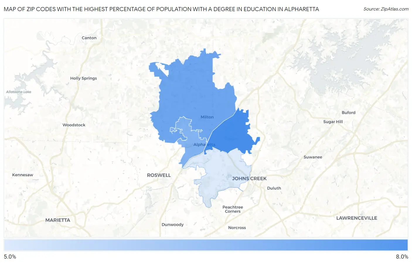 Zip Codes with the Highest Percentage of Population with a Degree in Education in Alpharetta Map