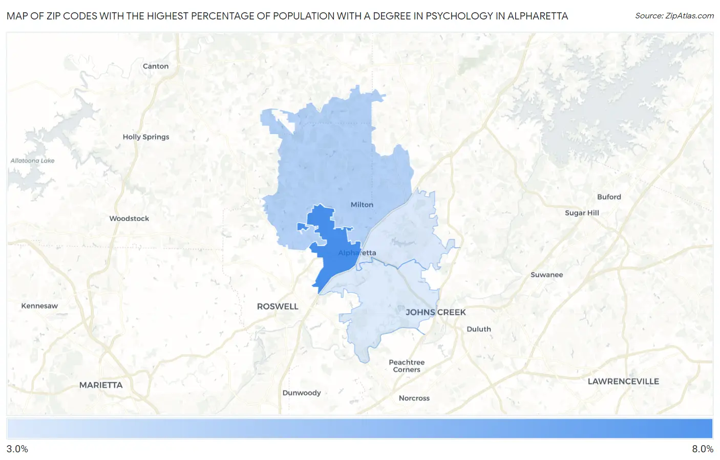 Zip Codes with the Highest Percentage of Population with a Degree in Psychology in Alpharetta Map