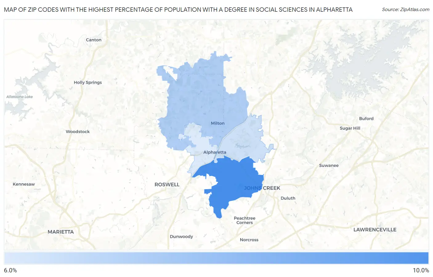 Zip Codes with the Highest Percentage of Population with a Degree in Social Sciences in Alpharetta Map