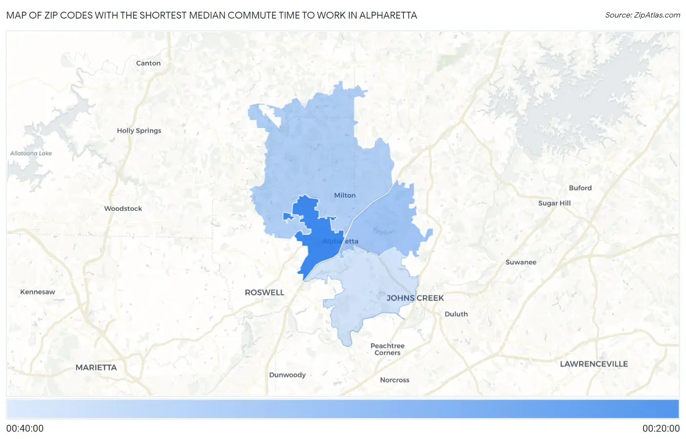 Zip Codes with the Shortest Median Commute Time to Work in Alpharetta Map