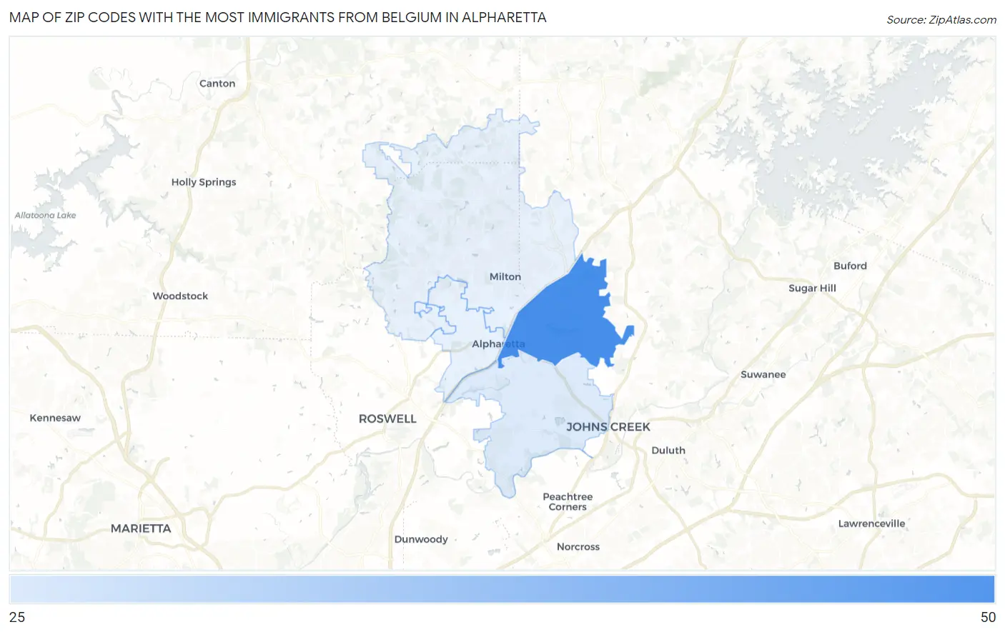 Zip Codes with the Most Immigrants from Belgium in Alpharetta Map