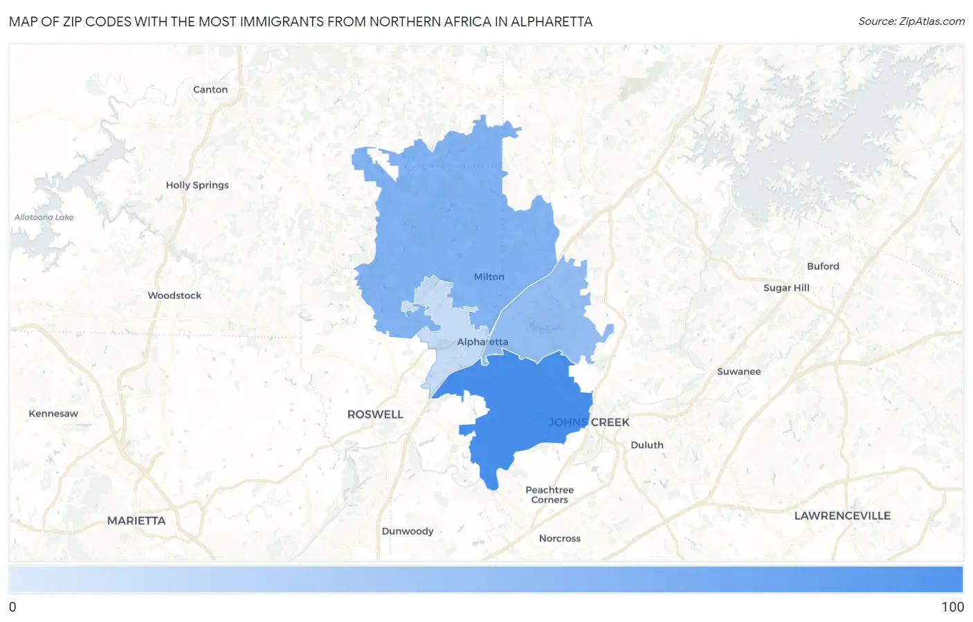 Zip Codes with the Most Immigrants from Northern Africa in Alpharetta Map