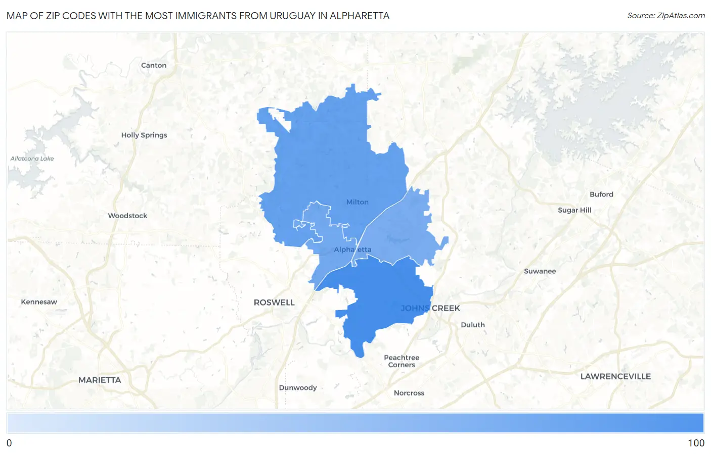 Zip Codes with the Most Immigrants from Uruguay in Alpharetta Map