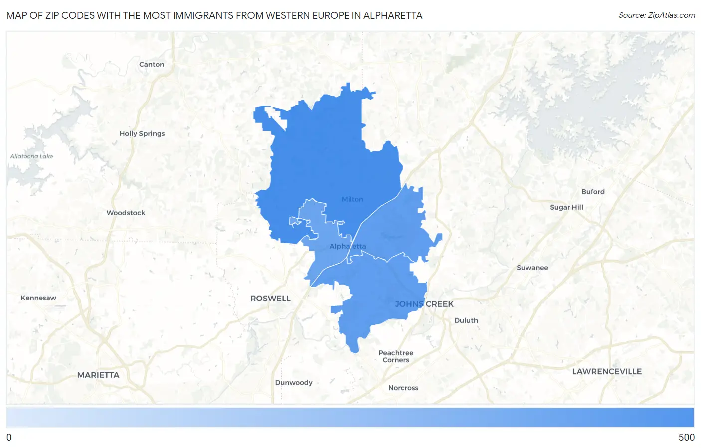 Zip Codes with the Most Immigrants from Western Europe in Alpharetta Map