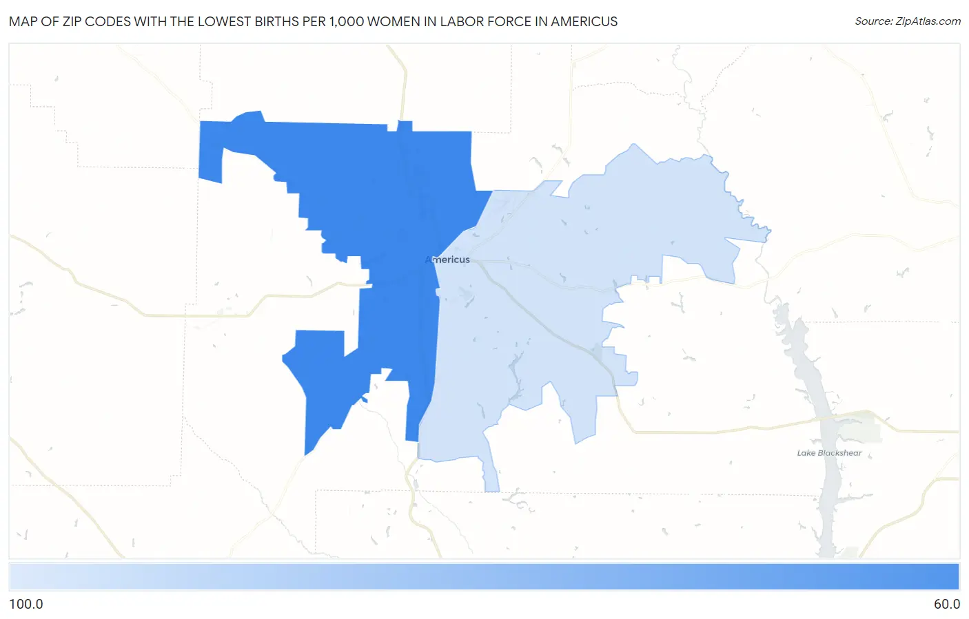 Zip Codes with the Lowest Births per 1,000 Women in Labor Force in Americus Map