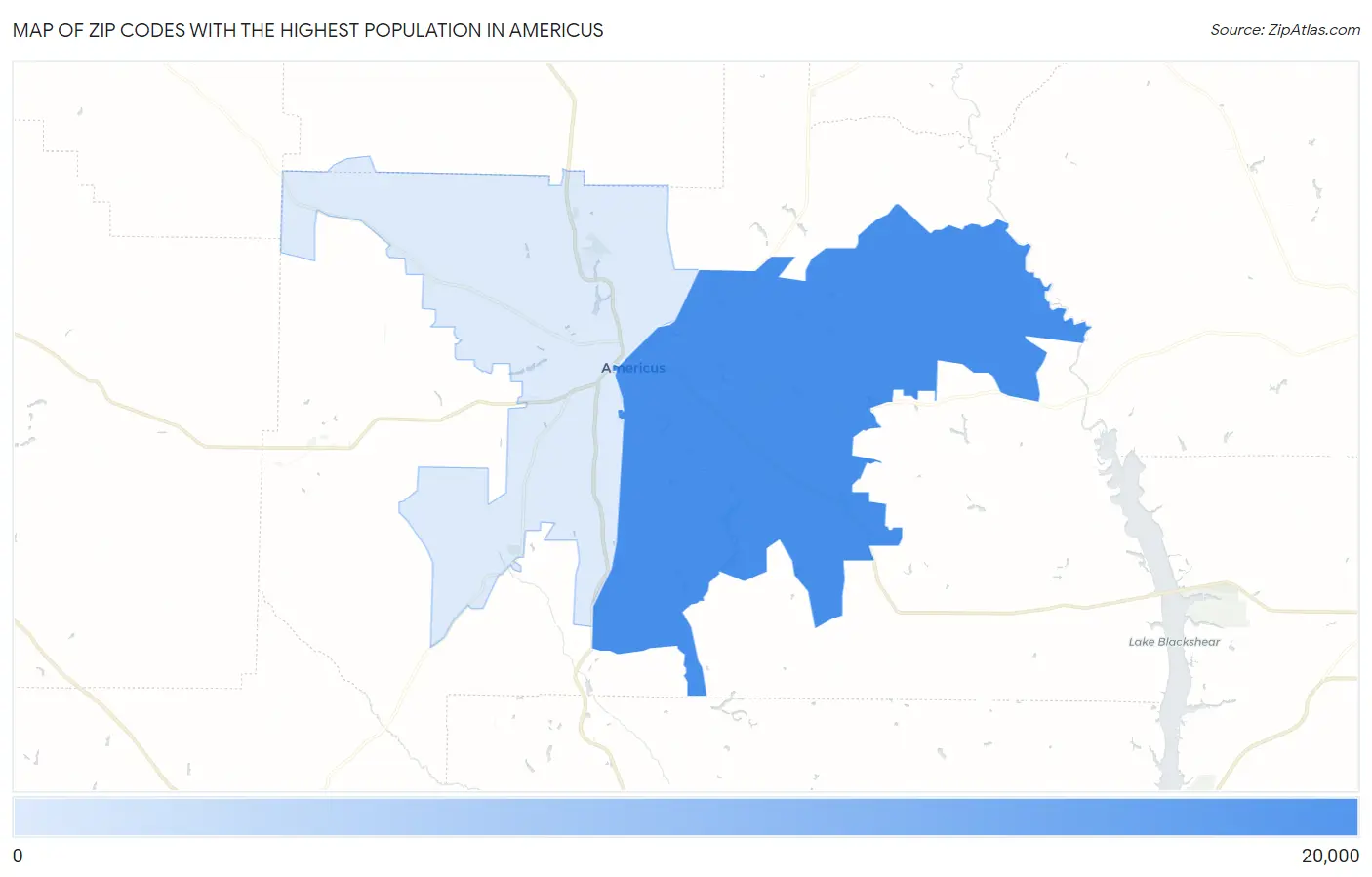 Zip Codes with the Highest Population in Americus Map