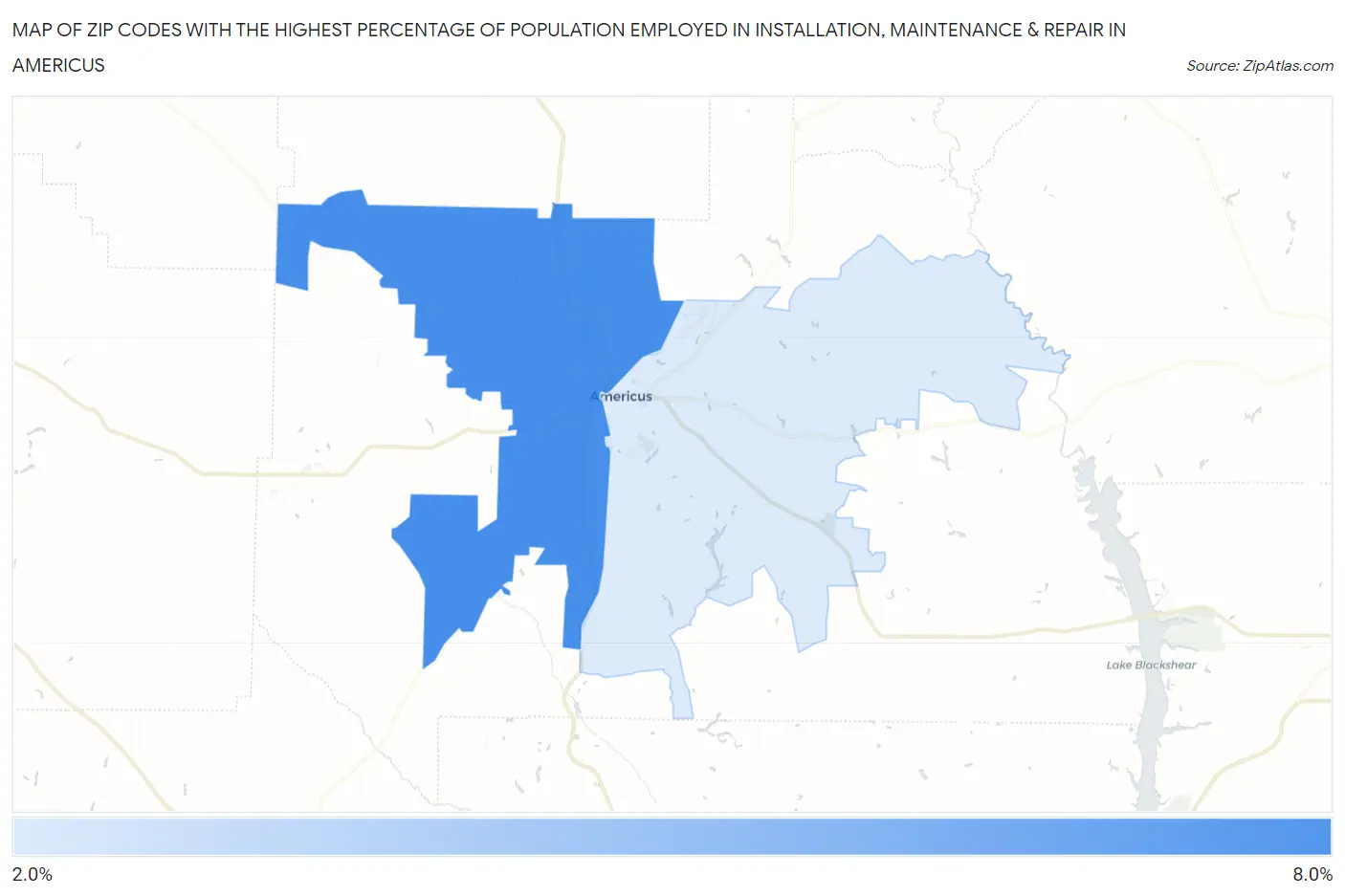 Zip Codes with the Highest Percentage of Population Employed in Installation, Maintenance & Repair in Americus Map