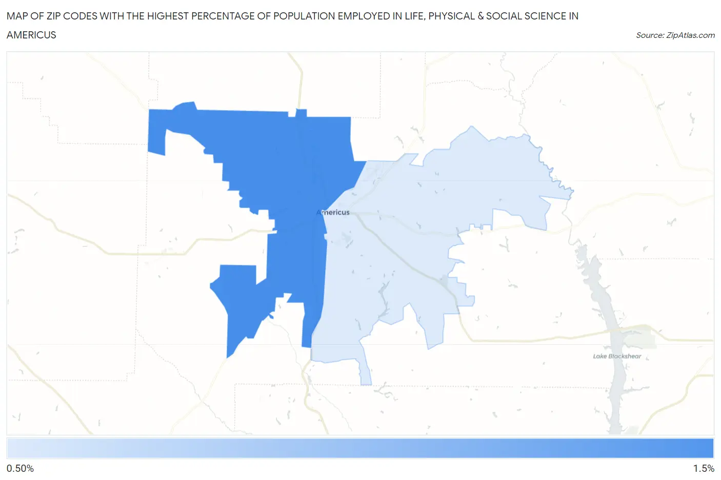 Zip Codes with the Highest Percentage of Population Employed in Life, Physical & Social Science in Americus Map