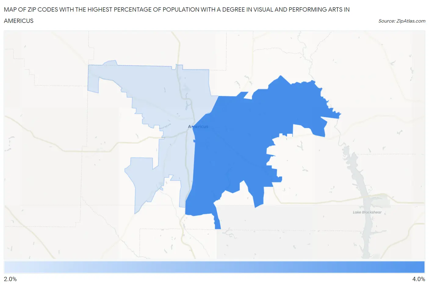 Zip Codes with the Highest Percentage of Population with a Degree in Visual and Performing Arts in Americus Map