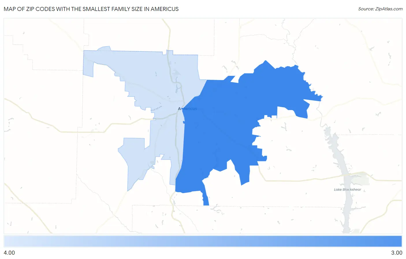 Zip Codes with the Smallest Family Size in Americus Map