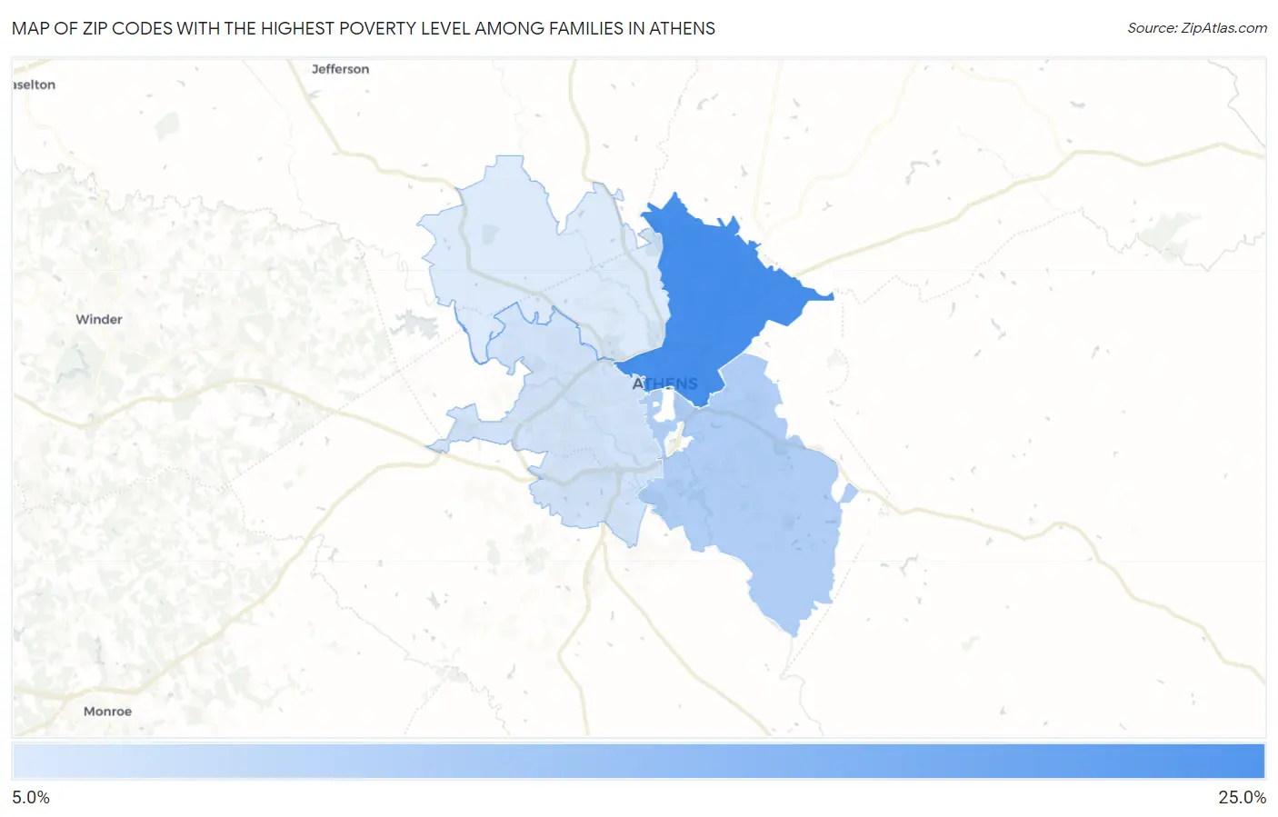 Zip Codes with the Highest Poverty Level Among Families in Athens Map