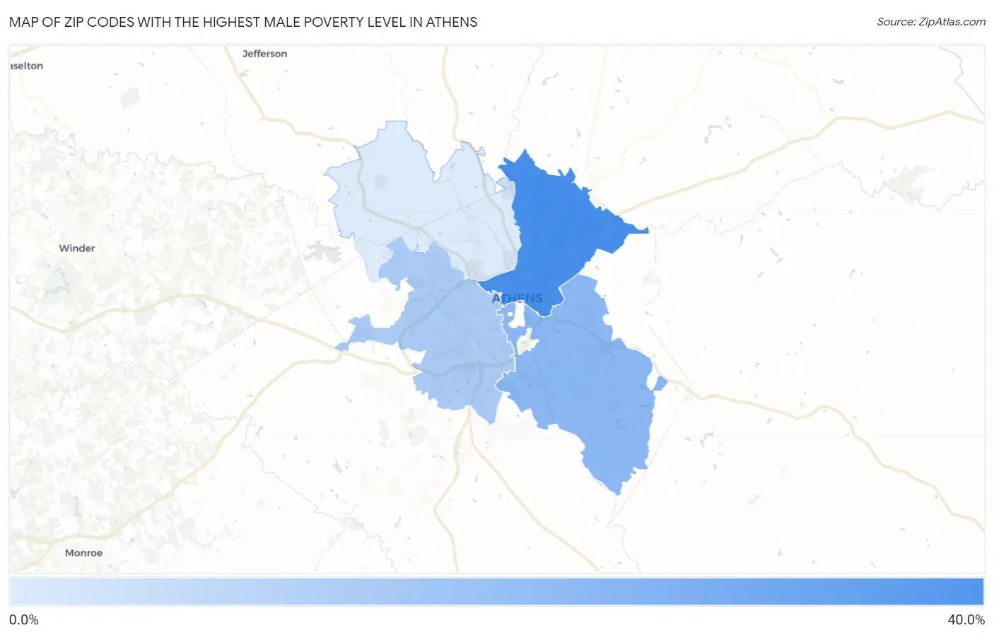 Zip Codes with the Highest Male Poverty Level in Athens Map
