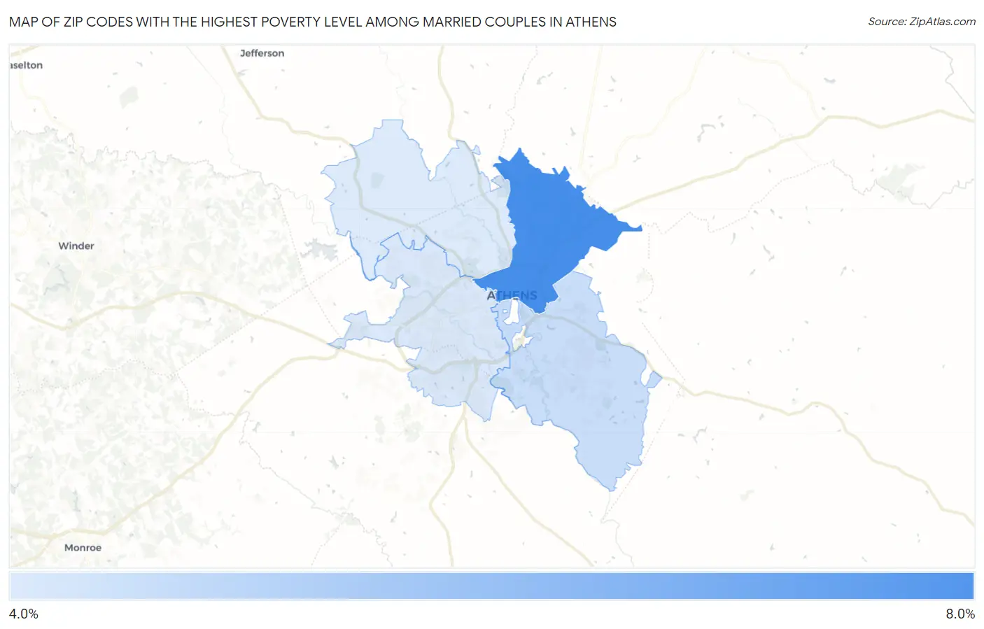 Zip Codes with the Highest Poverty Level Among Married Couples in Athens Map