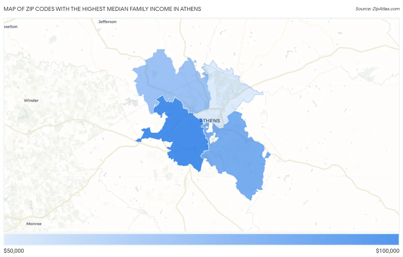Zip Codes with the Highest Median Family Income in Athens Map