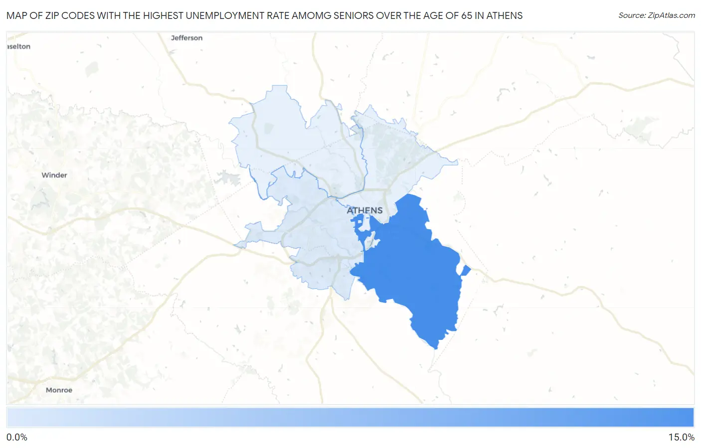 Zip Codes with the Highest Unemployment Rate Amomg Seniors Over the Age of 65 in Athens Map