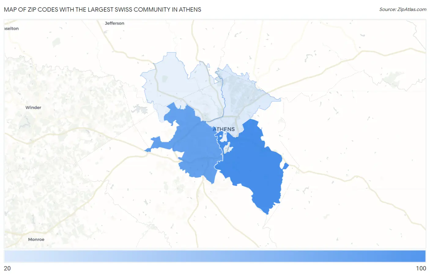 Zip Codes with the Largest Swiss Community in Athens Map